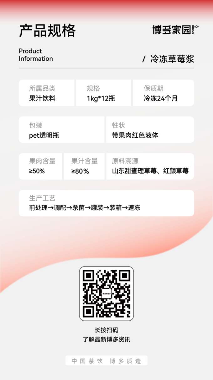 Product Specifications: Boduo Home Frozen Strawberry Puree

Product Information:

Specification: 1kg/bottle, 12 bottles/carton
Shelf Life: 24 months under frozen conditions
Product Category: Fruit Juice Beverage
Packaging: PET transparent bottle
Appearance: Red liquid with fruit pulp
Pulp Content: ≥50%
Juice Content: ≥80%
Raw Material Sourcing: Shandong Sweet Charlie Strawberries, Red Face Strawberries
Production Process: Pre-treatment → Blending → Sterilization → Filling → Boxing → Quick-freezing