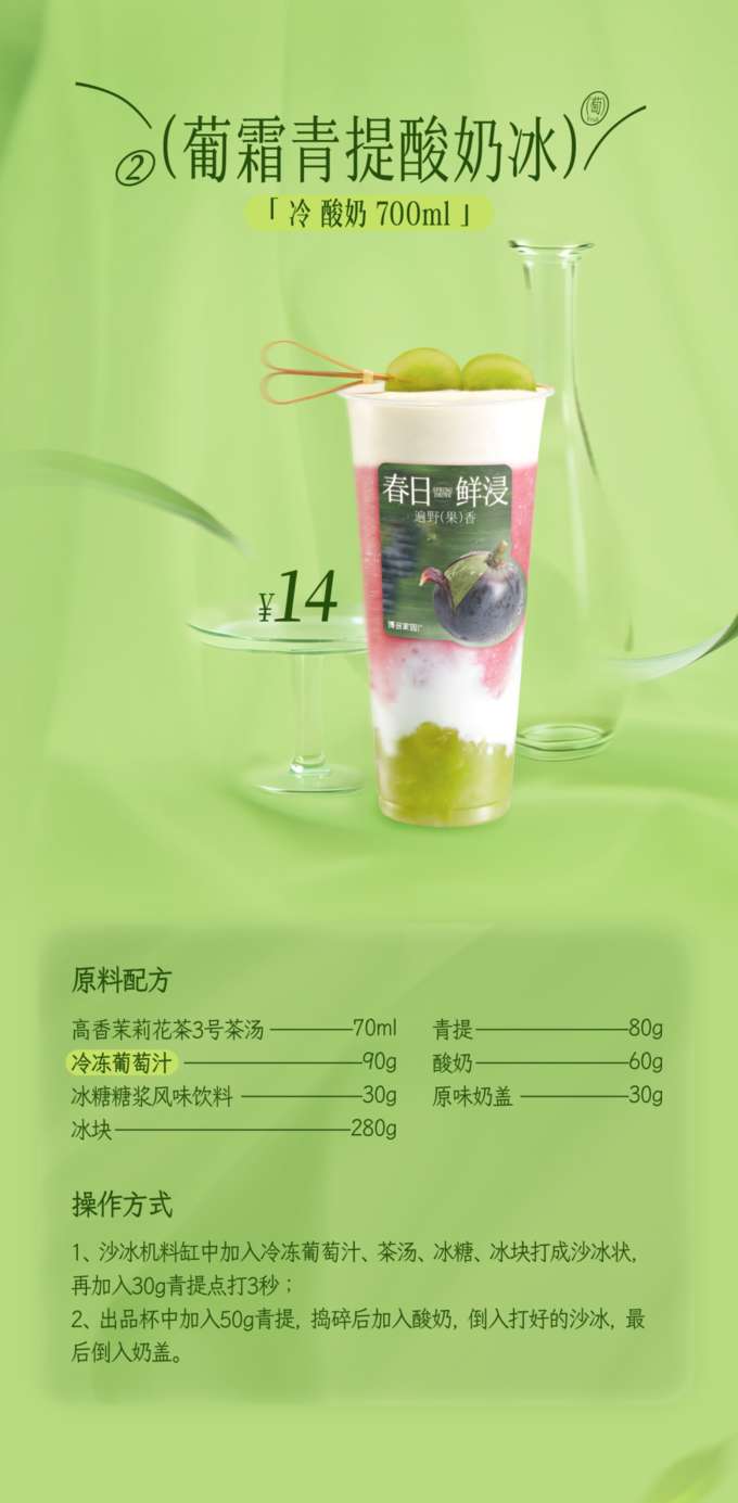 Grape Frost Green Grape Yogurt Ice

'Cold Yogurt 700ml'

Ingredient Recipe

High-Fragrance Jasmine Tea No. 3 Tea Base: 80g
Green Grapes: 70ml
Yogurt: 60g
Frozen Grape Juice: 90g
Rock Sugar Syrup Flavored Beverage: 30g
Original Milk Foam: 30g
Ice Cubes: 280g

Instructions

Add the frozen grape juice, tea base, rock sugar syrup, and ice cubes to a blender container. Blend until smooth (like a slushie). Then, add 30g of green grapes and pulse for 3 seconds.
Add 50g of green grapes to the serving cup and muddle them. Add the yogurt, then pour in the blended smoothie. Finally, top with the milk foam.