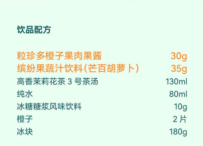 Carrot A Vitamin C Vitality Bottle Recipe: Lizen Multi-Orange Pulp Jam 30g, Colorful Fruit & Vegetable Juice Beverage (Mango Passion Fruit Carrot) 35g, High-Fragrance Jasmine Tea No. 3 Tea Base 130ml, Pure Water 80ml, Rock Sugar Syrup Flavored Beverage 10g, Orange Slices 2, Ice Cubes 180g.