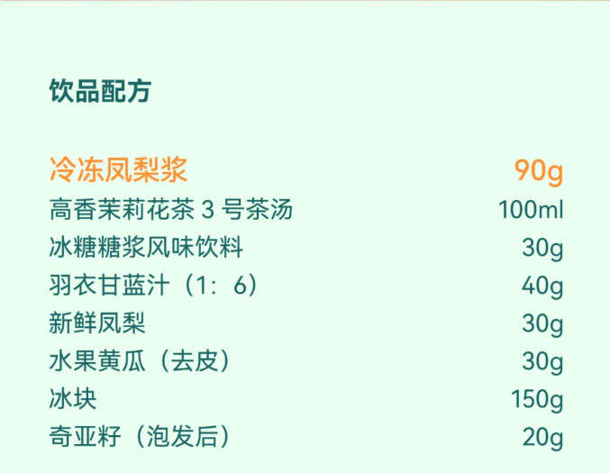 Kale Pineapple Drink Recipe: Frozen Pineapple Puree 90g, High-Fragrance Jasmine Tea No. 3 Tea Base 100ml, Rock Sugar Syrup Flavored Beverage 30g, Kale Juice (Concentrate: Water = 1:6) 30g, Fresh Pineapple 150g, Fruit Cucumber (peeled) to taste, Ice Cubes to taste, Hydrated Chia Seeds 20g.