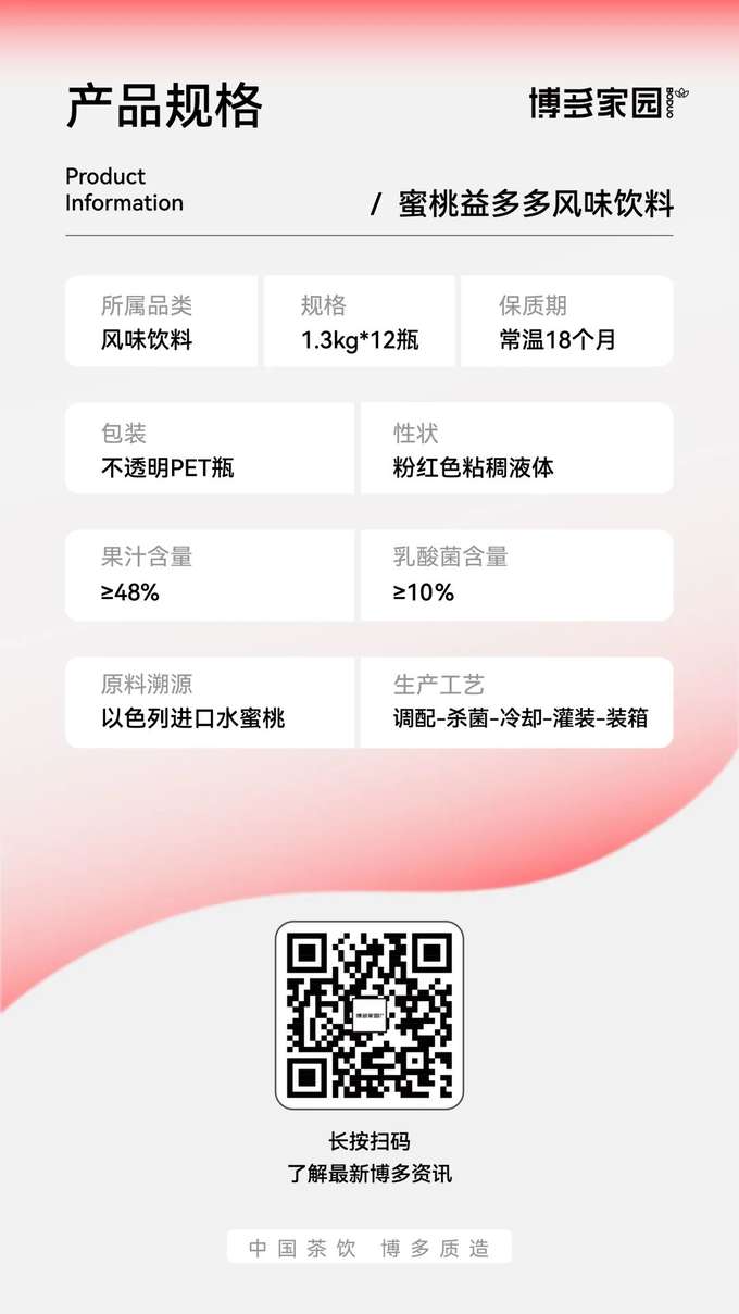 Product Specifications: This product belongs to the flavored beverage category and is packaged in opaque PET bottles. It is available in 1.3kg bottles, with 12 bottles per case. The product is a pink viscous liquid with a shelf life of 18 months at room temperature, a juice content of ≥48%, and a lactic acid bacteria content of ≥10%. The raw materials are sourced from imported Israeli peaches. The production process includes blending, sterilization, cooling, filling, and boxing.