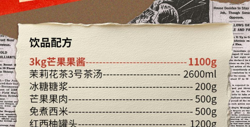 3000ml of High-fragrance Jasmine Tea #3 Tea Base, 1000ml of Purified Water, 400g of 3kg Peach Jam, 700g of 3kg Strawberry Jam, 400g of Rock Sugar Syrup, 4000g of ice cubes, 15 slices of Kaffir Lime plus 200g of ice cubes, 500g of sliced peaches, 15 orange slices, 15 strawberries, and 5 sliced kumquats.